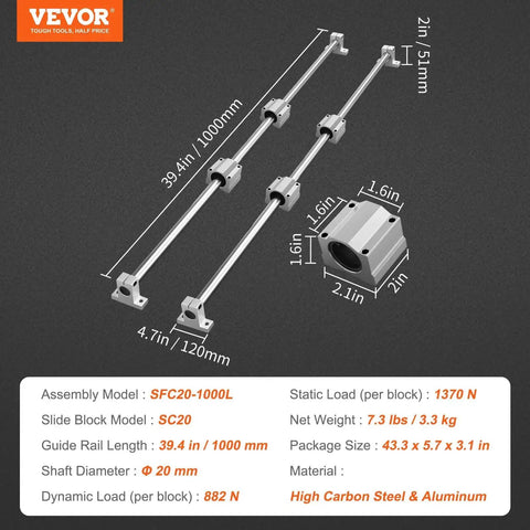 Heavy duty 1000mm linear guide rail kit with two rails, four SC20 blocks and four supports provides precise, high load motion.