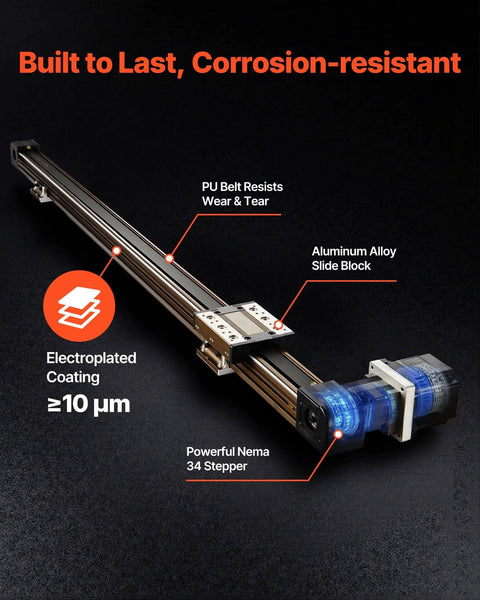 Linear Guide Rail, Belt Drive, CNC Linear Motion Stage Actuator with Nema34 Stepper Motor, 1300 mm Stroke Work Size shown on black background.