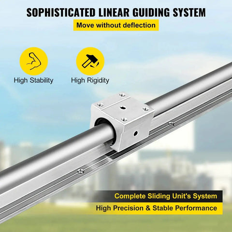 Complete Two Pack Linear Rail Kit With Two 2000mm SBR16 Rails And Four Square Type Carriage Blocks For Ultra Smooth CNC Motion High Rigidity Steel Construction Easy Mounting For CNC Routers And Milling Machines OrangeA product image showing steel rail and carriage block for stability and rigidity.