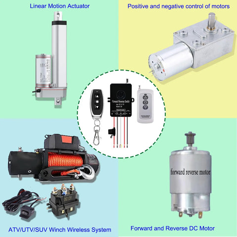 Linear motion actuator, silver aluminum body, front view with mounting bracket
DC motor with gearbox, metal housing, side view
ATV/UTV/SUV winch wireless system with remote control and winch cable
IdealWIN forward/reverse switch controller kit with remote and wiring harness
Forward/reverse DC motor, metal housing, vertical orientation