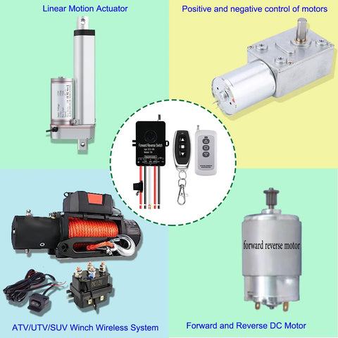 Waterproof forward/reverse remote switch for DC motors and linear actuators; 5V–48V, 10A, 168ft range; ATV winch system