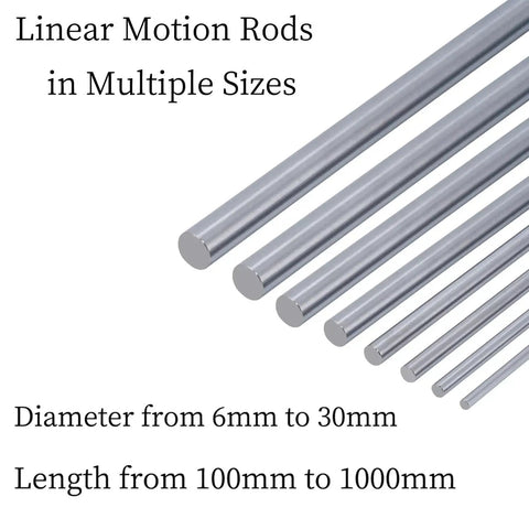 30mm By 1000mm Chrome Linear Motion Rod For 3D Printers CNC DIY shown with multiple sizes and dimensions from 6mm to 30mm diameter