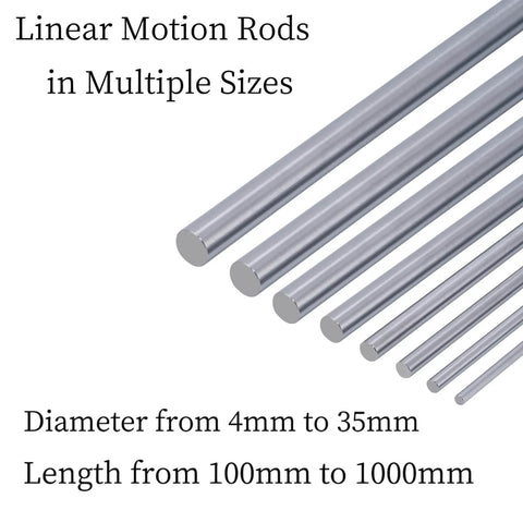 Linear motion rods in multiple sizes with diameters from 4mm to 35mm and lengths from 100mm to 1000mm.