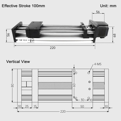 Diagram of Linear Motion Stage Actuator With 1204 Ball Screw And 20mm Square Rail CNC Linear Guide, 100mm stroke dimensions
