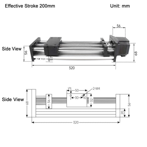 Side view of Linear Motion Stage Actuator, CNC Linear Motion Rail Guide with Nema23 Stepper Motor, 1204 Ball Screw, 200mm Stroke