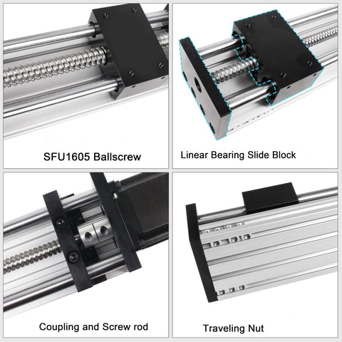 Composite image of Linear Motion Stage Actuator parts including SFU1605 Ballscrew, Linear Bearing Slide Block, Coupling, Screw Rod, Traveling Nut