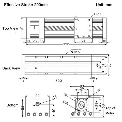 Technical diagram of Linear Motion Stage Actuator, CNC Linear Motion Rail Guide with Nema23 Stepper Motor, 200mm stroke dimensions.