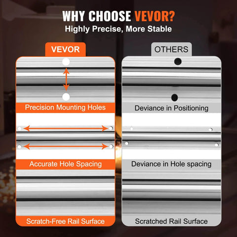 Comparison of Vevor linear rail with precision mounting holes and scratch-free surface versus other rails with positioning deviance.
