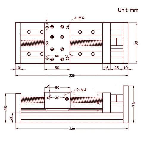 Technical diagram of Dual Linear Rail Guide Ballscrew SFU1605 with Square Linear Rails with NEMA23 Stepper Motor, 100mm Stroke