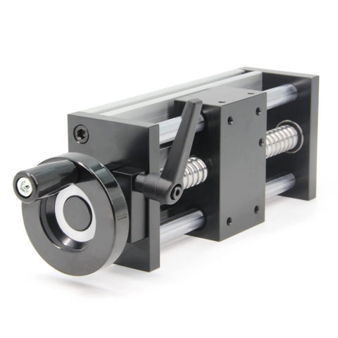 Front view of a ✝️ 100mm effective stroke length linear rail guide double optical axis linear slide rail ballscrew sfu1605 with manual sliding table.