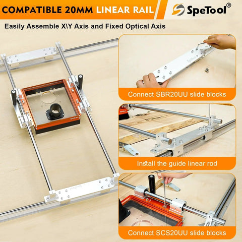 Workhorse Linear Rail Router Sled Connector with Dust Collection for 20mm Rails, SBR20UU and SCS20UU Slide Blocks, Acrylic Plate, SpeTool