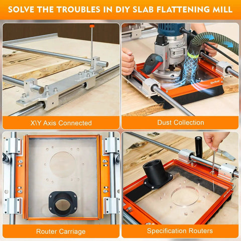 Workhorse Linear Rail Router Sled Connector with dust collection in use, highlighting acrylic plate and dust port for 20mm rails.