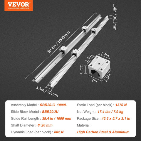 Image of two Linear Rail, 2 Set SBR20-1000mm, Linear Slide Rail with four SBR20UU Bearing Blocks, featuring key measurements and materials.