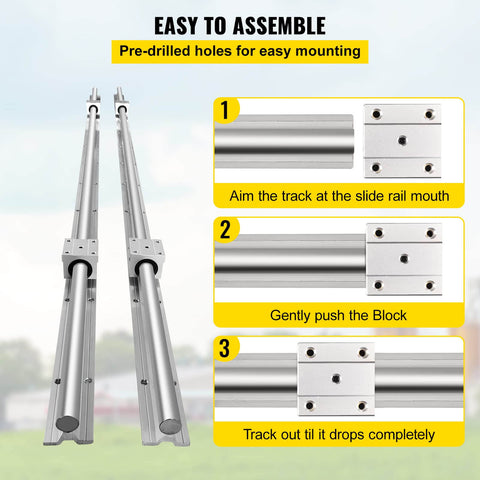 Linear Rail, 2 PCS SBR 20-2200mm, with 4 PCS SBR20UU carriage blocks, showing assembly steps and pre-drilled holes.