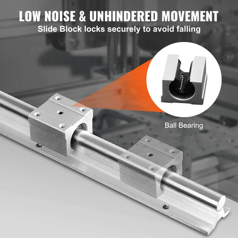 Close-up of Linear Rail, 2 Set SBR20-1000mm Slide Rail with SBR20UU Bearing Block, showing ball bearings for automated machines.