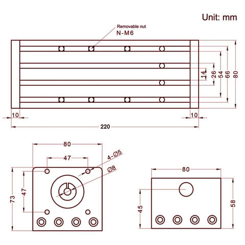 Technical drawing of Dual Linear Rail Guide Ballscrew SFU1605 with Square Linear Rails with NEMA23 Stepper Motor, 100mm Stroke CNC Router