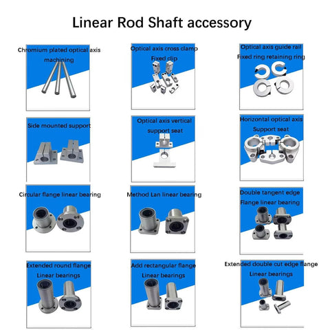 Accessories for 2pcs 6mm Linear Motion Rods 500mm Long, including clamps, bearings, and flanges for CNC and 3D printer applications.
