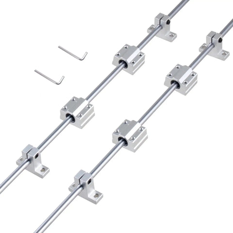 Pro Grade Linear Shaft CNC Parts Kit 16x1000mm Set With 4 SK16 Linear Rail Supports And 4 SCS16UU Slide Blocks displayed with Allen keys.