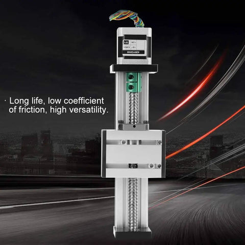 Front view of a Linear Slide Ball Screw With Stepper Motor For Metal Construction 12mm Shaft Diameter And 100mm Stroke High Precision Linear Actuator For CNC And Robotics Rock Solid Durable Metal Build For Smooth Reliable Motion in a metal frame.