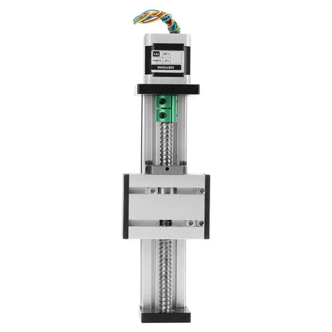 High Precision Ball Screw Linear Slide 1204 with 100mm stroke, 12mm diameter shaft, front view, stepper motor, and CNC assembly