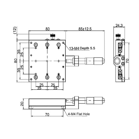 Technical diagram of Linear Stages 80 * 80mm,Manual Slide Table Trimming Linear Stage,X Micrometer Differential Head,Linear,Cross Roller Type.