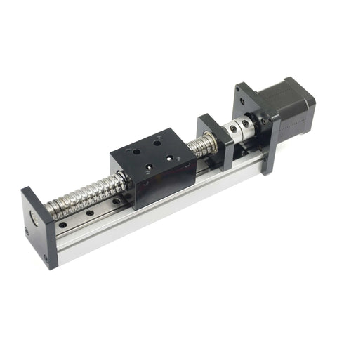 100mm Travel Linear Stage Actuator with SFU1605 Ball Screw and NEMA17 Stepper Motor, Square Rails, side view.