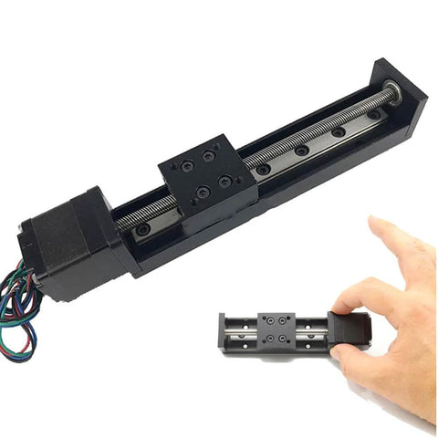 Linear Rail 50mm Linear Stage Actuator with Square Linear Rails Mini Slide Table + NEMA 11 Stepper Motor, compact size shown by hand.