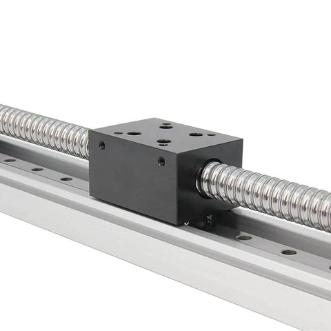 Close-up of 250mm Travel Linear Stage Actuator with SFU1605 Ball Screw and NEMA23 Stepper Motor, Square Linear Rails for CNC.