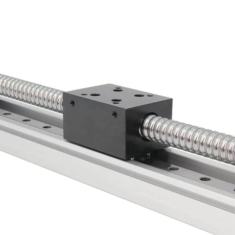 Close-up of 300mm Travel Linear Stage Actuator with SFU1605 Ball Screw and NEMA23 Stepper Motor, showcasing square linear rails.