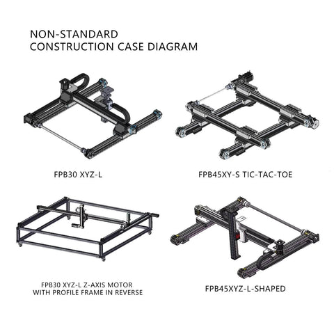 Non-standard construction diagrams for CNC linear stage setups showing various frame configurations and structures.