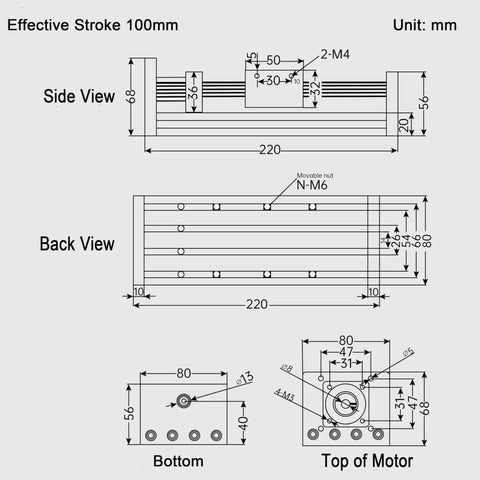 Technical drawing of Linear Motion Stage Actuator with 1204 Ball Screw and 20mm Square Rail CNC Linear Guide, 100mm stroke.