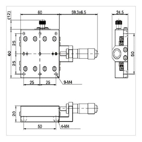 Technical drawing of ✝️ Linear Stages, SEMX60-AC X Micrometer Manual Displacement Sliding Table, dimensions shown with precision details.