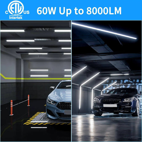 Pack Of 4 Linkable LED Shop Lights For Garage And Basement 6 Foot Long 60W T8 Integrated Ceiling Light With Double Row V Shape Beam 270 Degree Coverage 6000K Daylight 8000 Lumen Clear Lens Plug And Play No Fuss installed in garage and basement showcasing bright 6000K daylight illumination over parked cars.