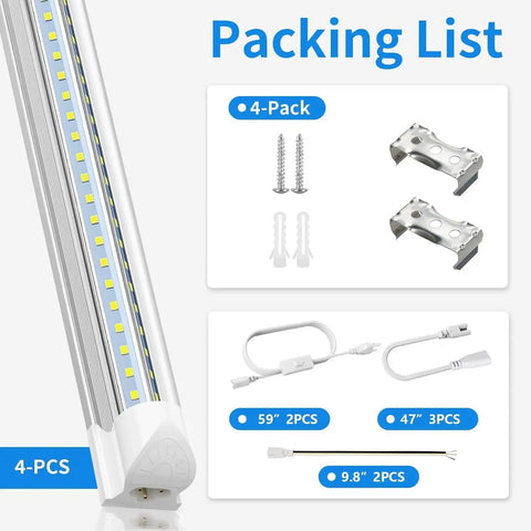 Pack Of 4 Linkable LED Shop Lights For Garage And Basement 6 Foot Long 60W T8 Integrated Ceiling Light With Double Row V Shape Beam 270 Degree Coverage 6000K Daylight 8000 Lumen Clear Lens Plug And Play No Fuss, packing accessories in view.