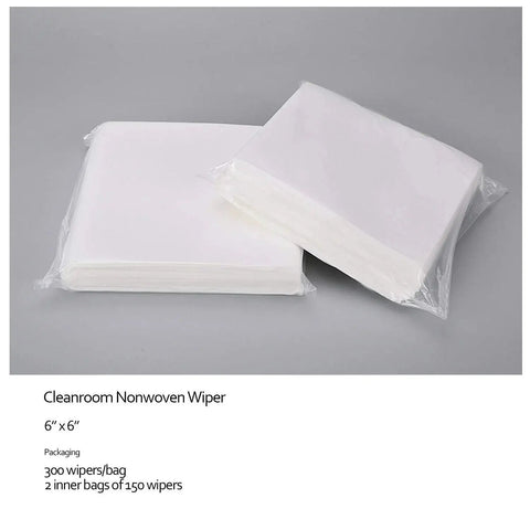Lint Free Wipes Cleanroom Disposable 6x6 Inches Cellulose Polyester Blend 56 GSM piled on a surface in clear packaging.