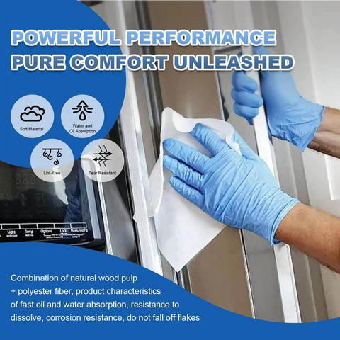 Person using blue gloves with Lint Free Cleanroom Wipes 4x4 Inches 1200 Pack, Grade A 68GSM Cellulose Polyester Blend, tear resistant and absorbent