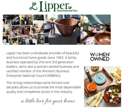 Lipper International branding image with collage of kitchenware including a wooden bowl and serving tray, highlighting women-owned business.