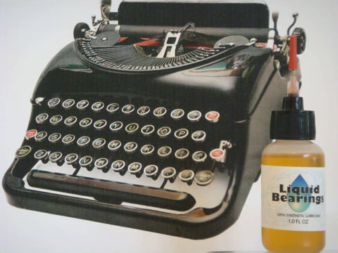 Liquid Bearings, SUPERIOR 100%-synthetic oil for lubrication of drones, RC vehicles and equipment next to vintage typewriter