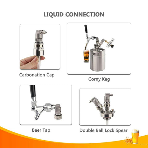 Liquid connection components including carbonation cap, Corny keg, beer tap, and double ball lock spear.
