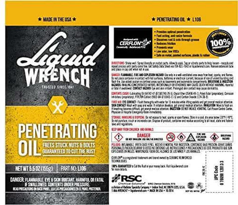 Front label of Liquid Wrench L106 Penetrating Oil, 5.5 Oz can, detailing product information and usage instructions.
