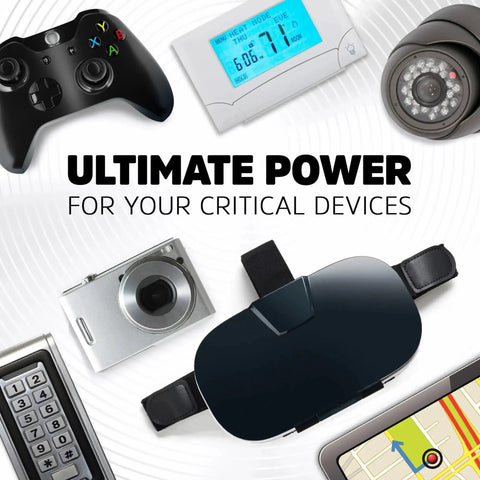 Collage of devices including camera, game controller, and thermostat powered by Ultimate Lithium AA Batteries Pack 24 Count For Cameras And Smart Home Devices.