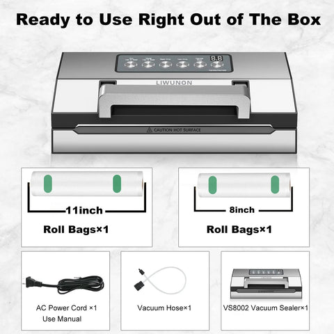 Front view of LIWUNON Upgraded Precision Fast-Vacuum Sealer with 11in/8in roll bags, power cord, vacuum hose, and VS8002 unit.
