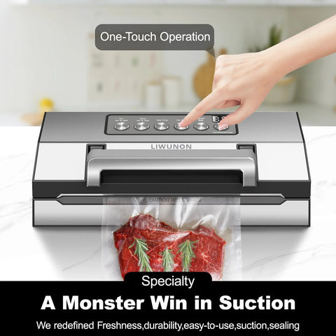LIWUNON vacuum sealer, one-touch operation, built-in cutter and bag storage, double heat seal; includes 2 bag rolls and hose