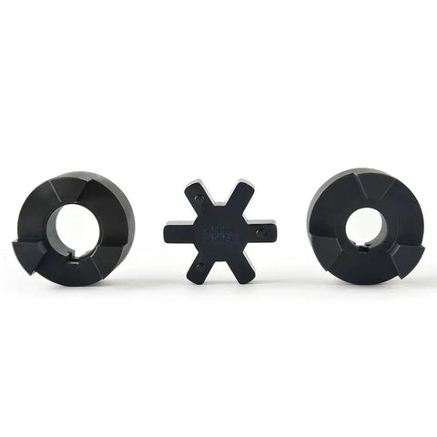 Durable L-Jaw 3/4 to 1 Inch Coupling Set with Buna N Rubber Spider, HT250 steel, 3-piece design for log splitters and heavy machinery.