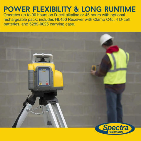 LL300N Self Leveling Rotary Laser Kit with HL450 Receiver on tripod, worker in background, rugged IP66 construction