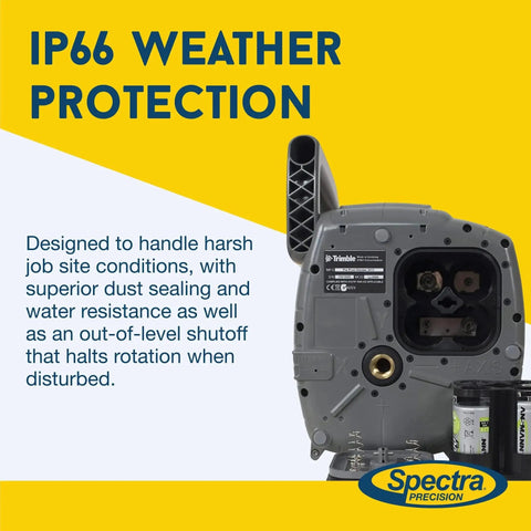 Spectra Precision LL300N-4 Self-Leveling Rotary Laser Kit with IP66 protection shown with rugged design and features