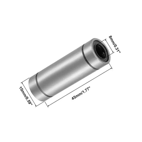 LM8LUU 8mm Bore Linear Bearing 4 Pack Double Sealed, cylindrical design, shown with 15mm OD, 45mm length, for CNC and 3D printers.