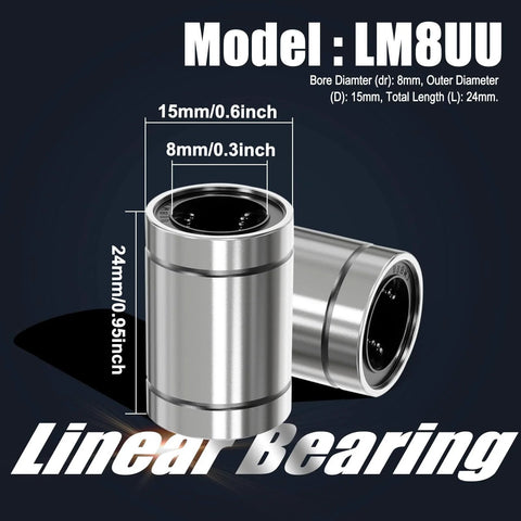 Two LM8UU linear ball bearings with dimensions labeled: 8mm bore, 15mm OD, 24mm length for CNC and 3D printer applications.
