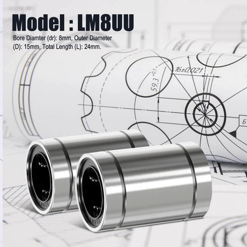 Two ✝️ 12Pcs LM8UU Linear Ball Bearings: 8mm Bore, 15mm OD, 24mm Length, Double Rubber Seals for CNC and 3D applications, on blueprints.