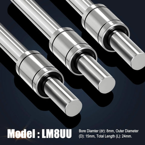 Three LM8UU linear ball bearings showing 8mm bore, 15mm outer diameter, 24mm length, double rubber seals for CNC and 3D printer use.